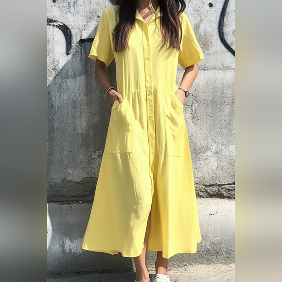NWT - Button Front Canary Yellow Short Sleeve Midi Dress - Size XL - Picture 1 of 9